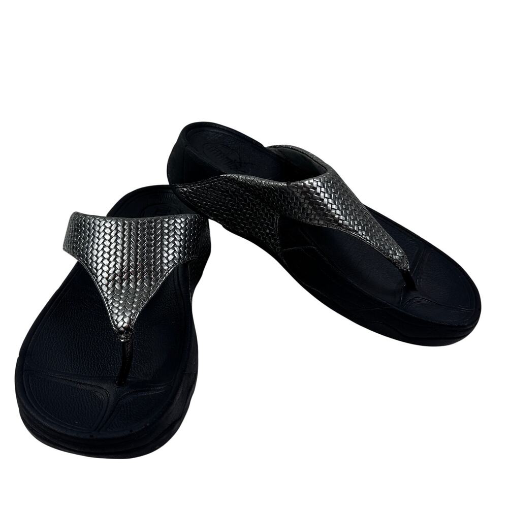 FitFlop Lulu Gunmetal Pewter Shimmerweave Comfort Toe Post Sandals Women's 7